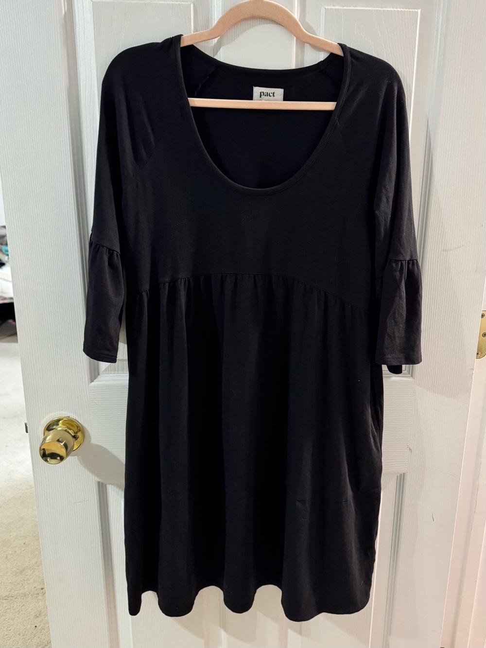 PACT Black Revive Flutter Sleeve Organic Cotton Empire Waist Dress Small